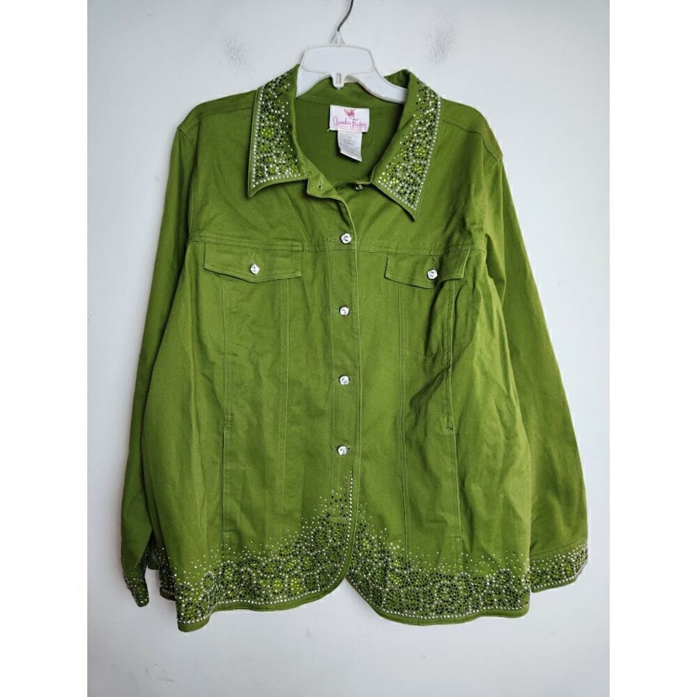 Quacker Factory Green w/Studded Detail Cotton Button Up Jacket size 1X